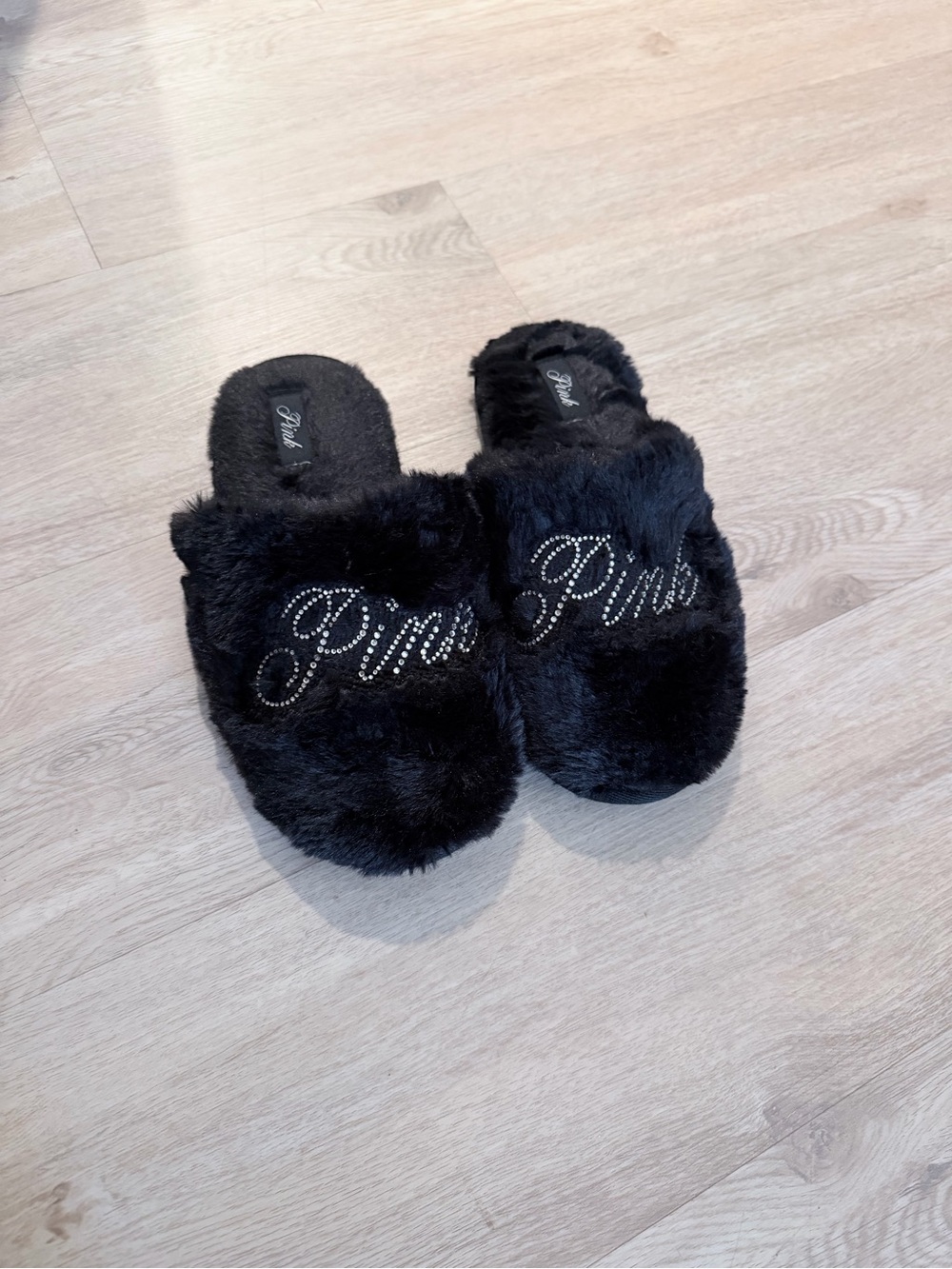 PINK Victoria's Secret Black Faux-Fur Slide Slippers with Rhinestone Logo